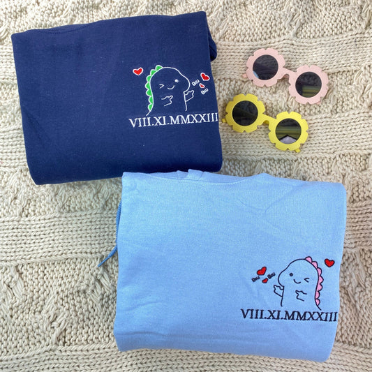 Cute Dino Couple Custom Roman Numeral Matching Embroidered Hoodies For Couples