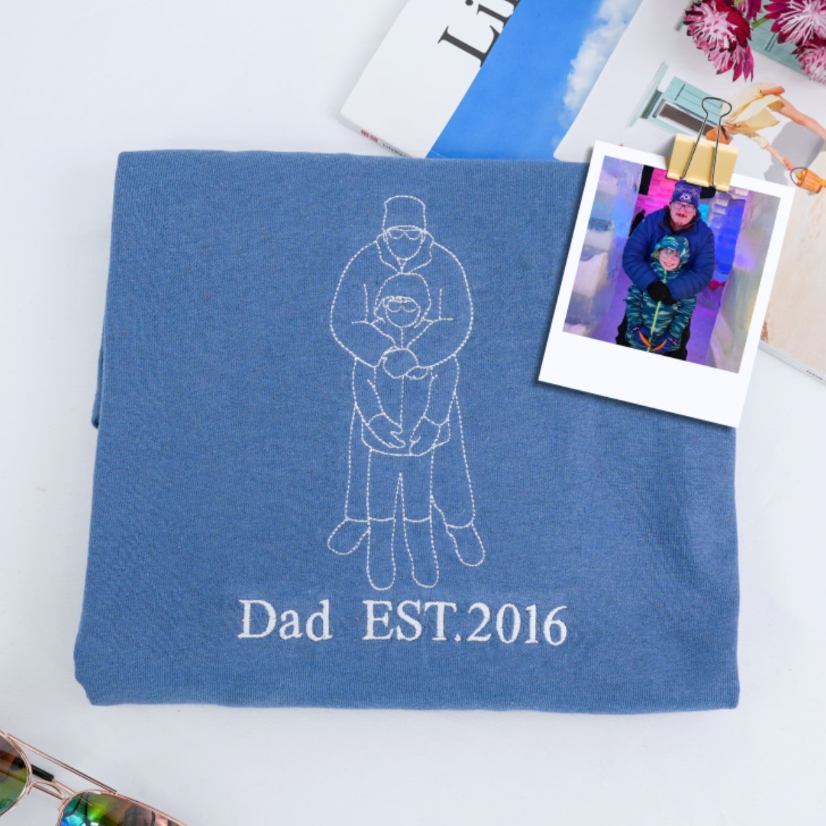 Dad Line Art Custom Hoodies - Father Child Embroidered Sweatshirts from Photo - Perfect Father's Day Gift