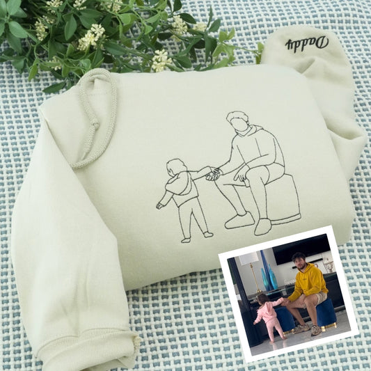 Daddy Custom Hoodies - Father Child Line Art Embroidered Sweatshirts - Perfect Artistic Dad Gift