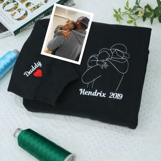 Daddy Custom Hoodies - Father Child Line Art Embroidered Sweatshirts - Perfect Artistic Dad Gift