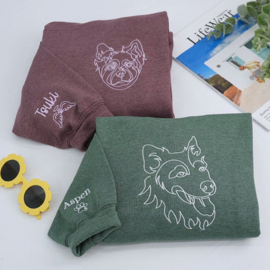 Dog Mom Line Art Hoodies - Custom Pet Portrait Embroidered Sweatshirts - Artistic Dog Face Gift