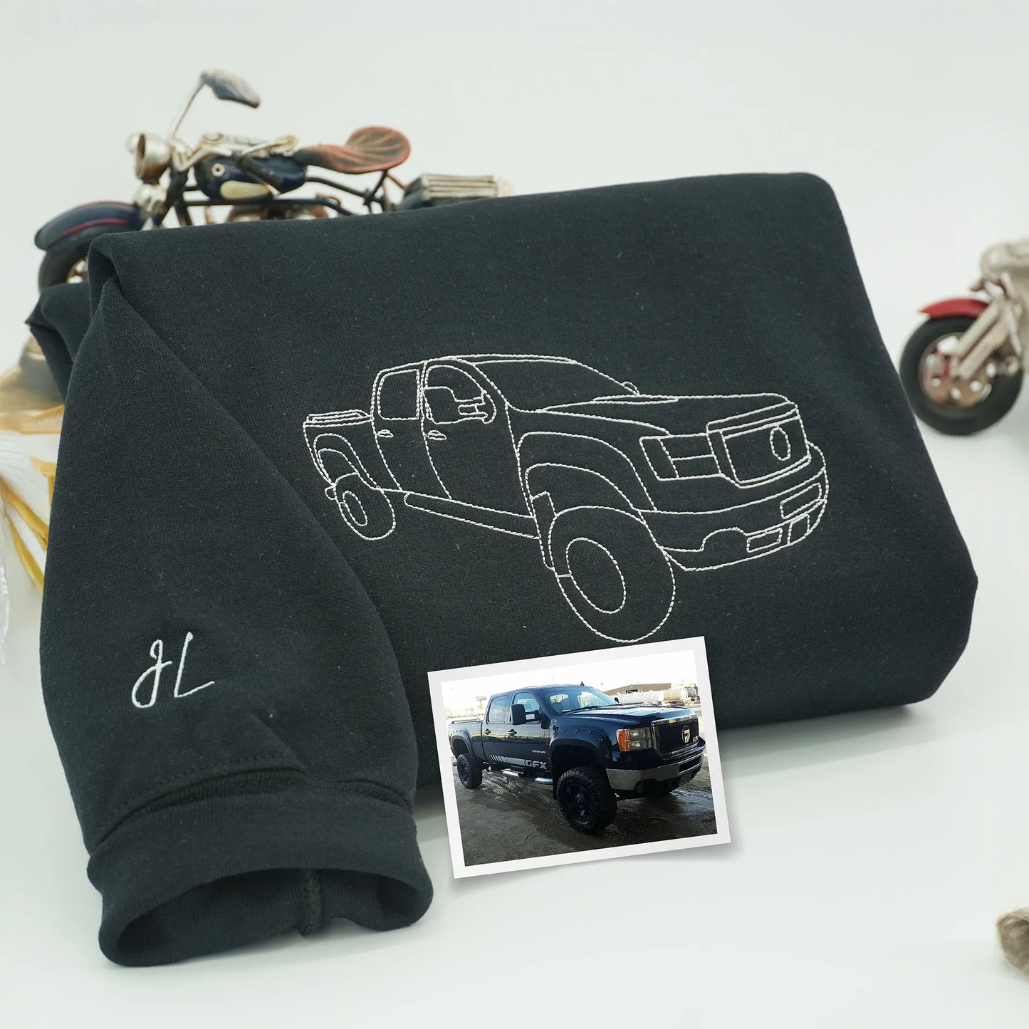 Father’s Day Custom Car Outline Photo Embroidered Hoodie or Sweatshirt – Personalized Gift for Dad and Grandpa