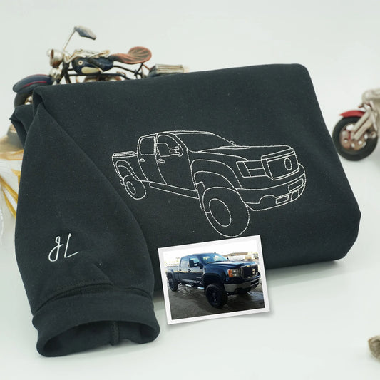 Father’s Day Custom Car Outline Photo Embroidered Hoodie or Sweatshirt – Personalized Gift for Dad and Grandpa