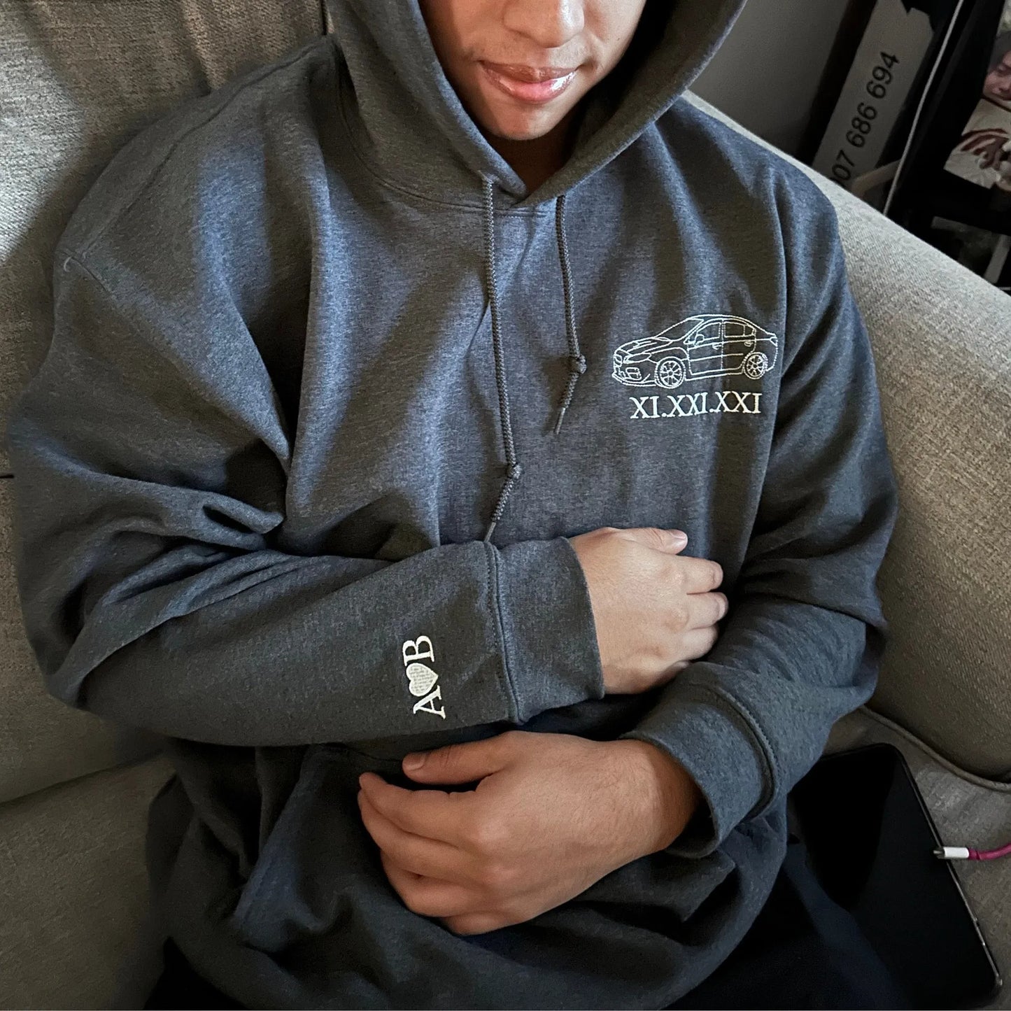 Father’s Day Custom Car Outline Photo Embroidered Hoodie or Sweatshirt – Personalized Gift for Dad and Grandpa