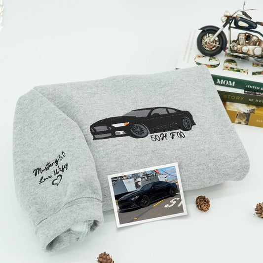 Custom Car Photo Embroidered Hoodie or Sweatshirt – Personalized Gift for Dad, Grandpa, or Car Lovers