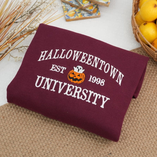 Fall Halloween Sweatshirt - University Campus Embroidered Hoodie - Pumpkin Ghost College Style Apparel