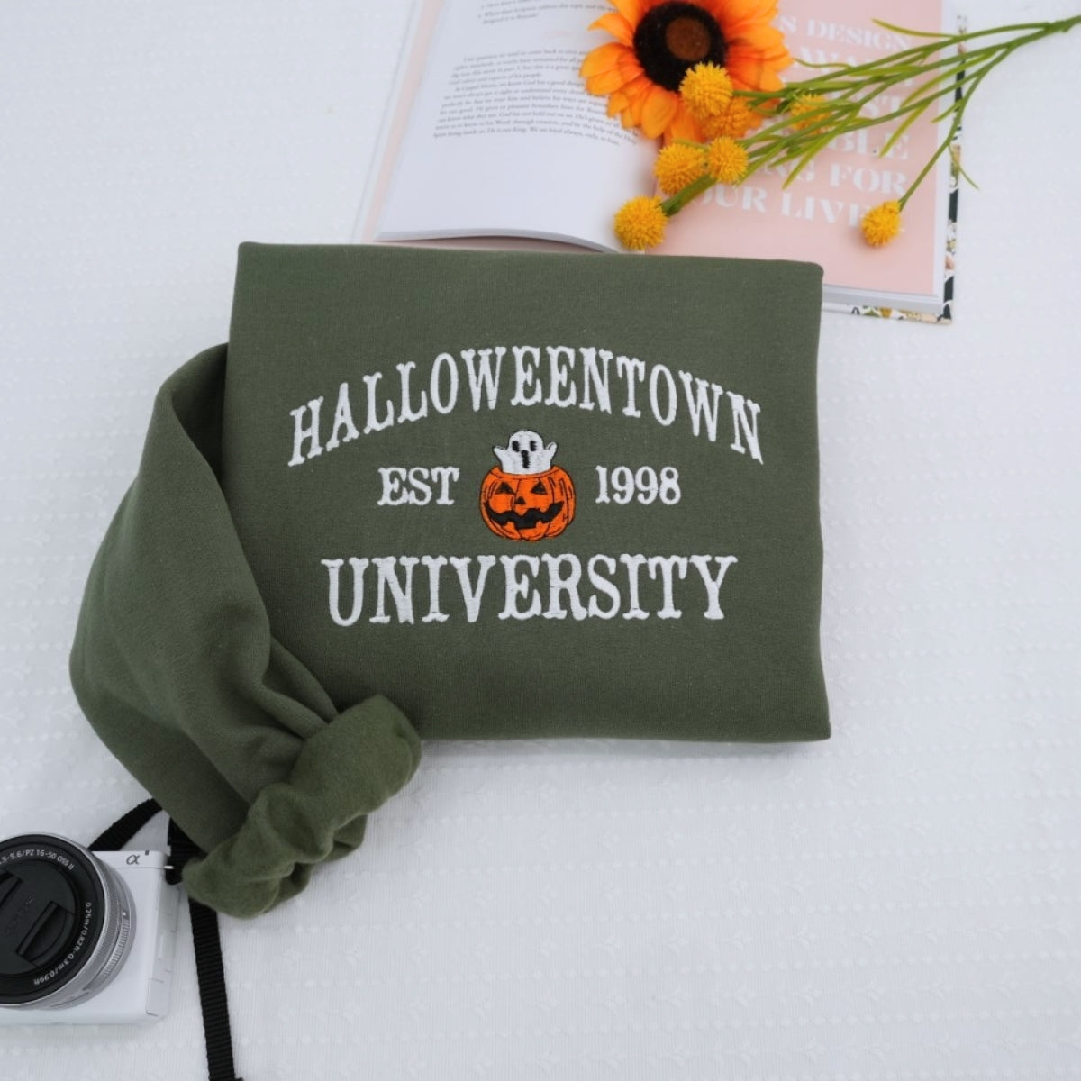Fall Halloween Sweatshirt - University Campus Embroidered Hoodie - Pumpkin Ghost College Style Apparel