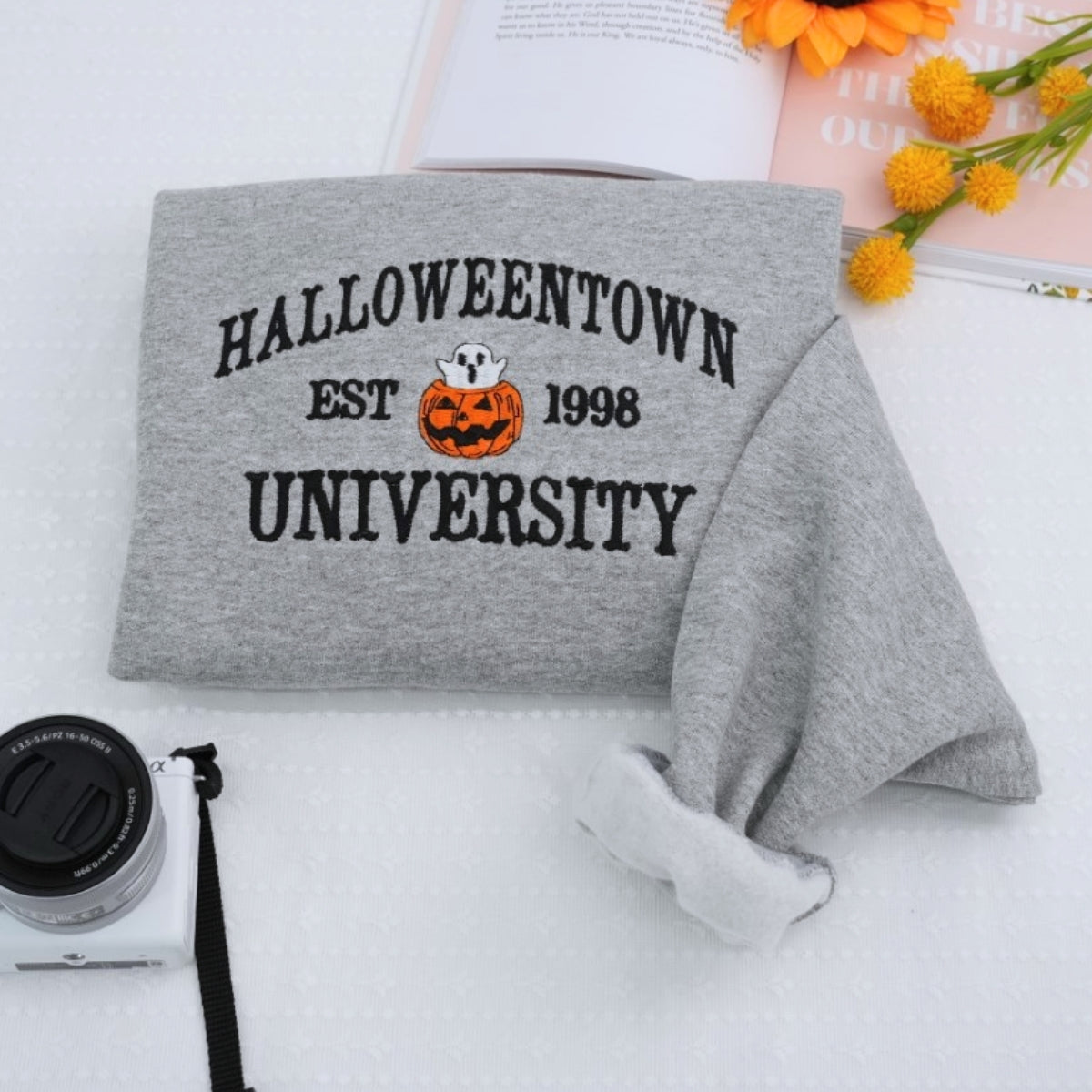 Fall Halloween Sweatshirt - University Campus Embroidered Hoodie - Pumpkin Ghost College Style Apparel