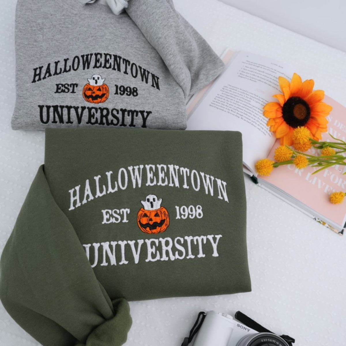 Fall Halloween Sweatshirt - University Campus Embroidered Hoodie - Pumpkin Ghost College Style Apparel