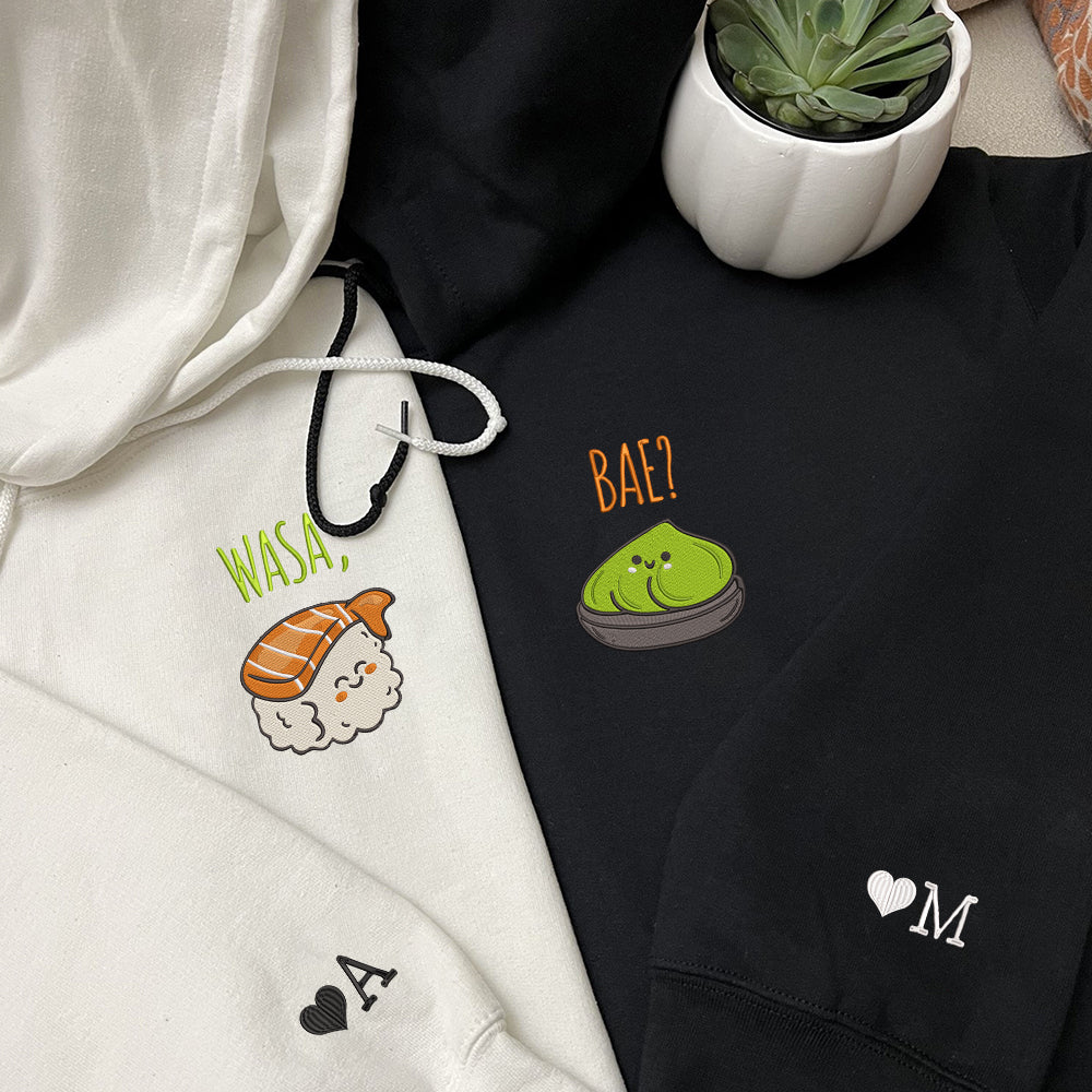 Funny Wasa-Bae Matching Custom Embroidered Matching Hoodies For Couples