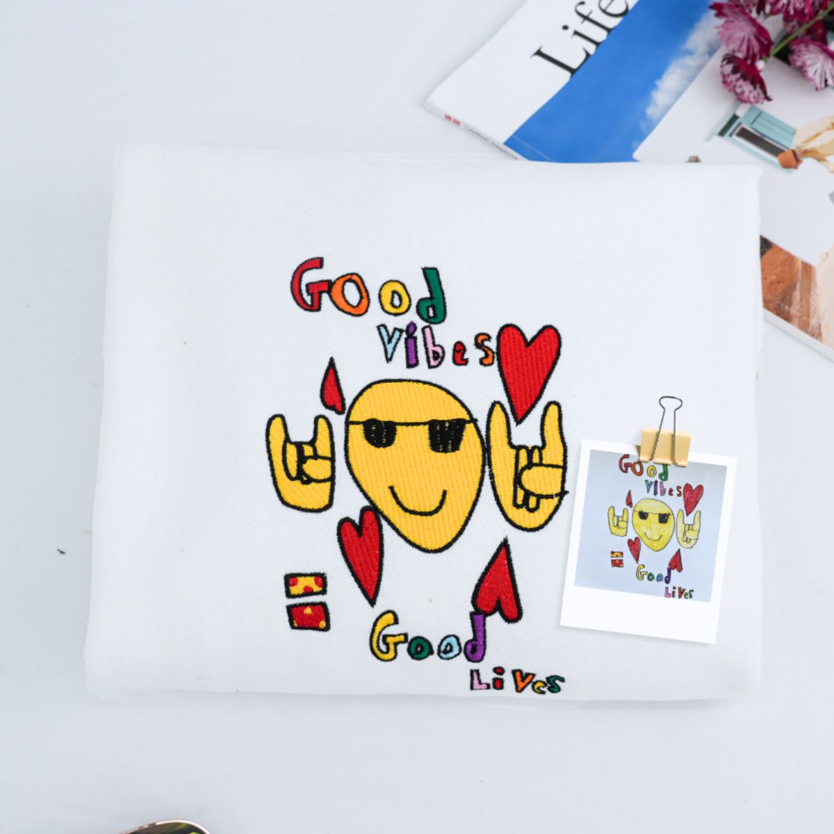 Good Vibes Custom Child Artwork Embroidered Sweatshirts - Kids Drawing to Embroidery - Positive Vibes Gift