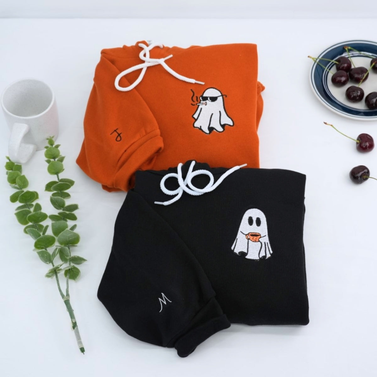 Halloween Ghost Couple Hoodies - Cute Matching Embroidered Sweatshirts - Perfect Spooky Season Gift