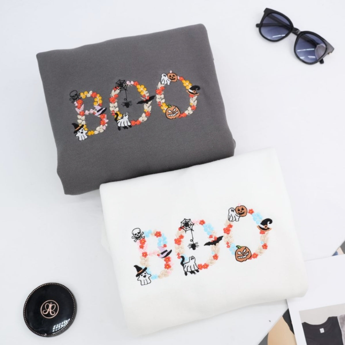 Halloween BOO Custom Sweatshirts - Floral Letter Embroidered Design - Elegant Halloween Apparel