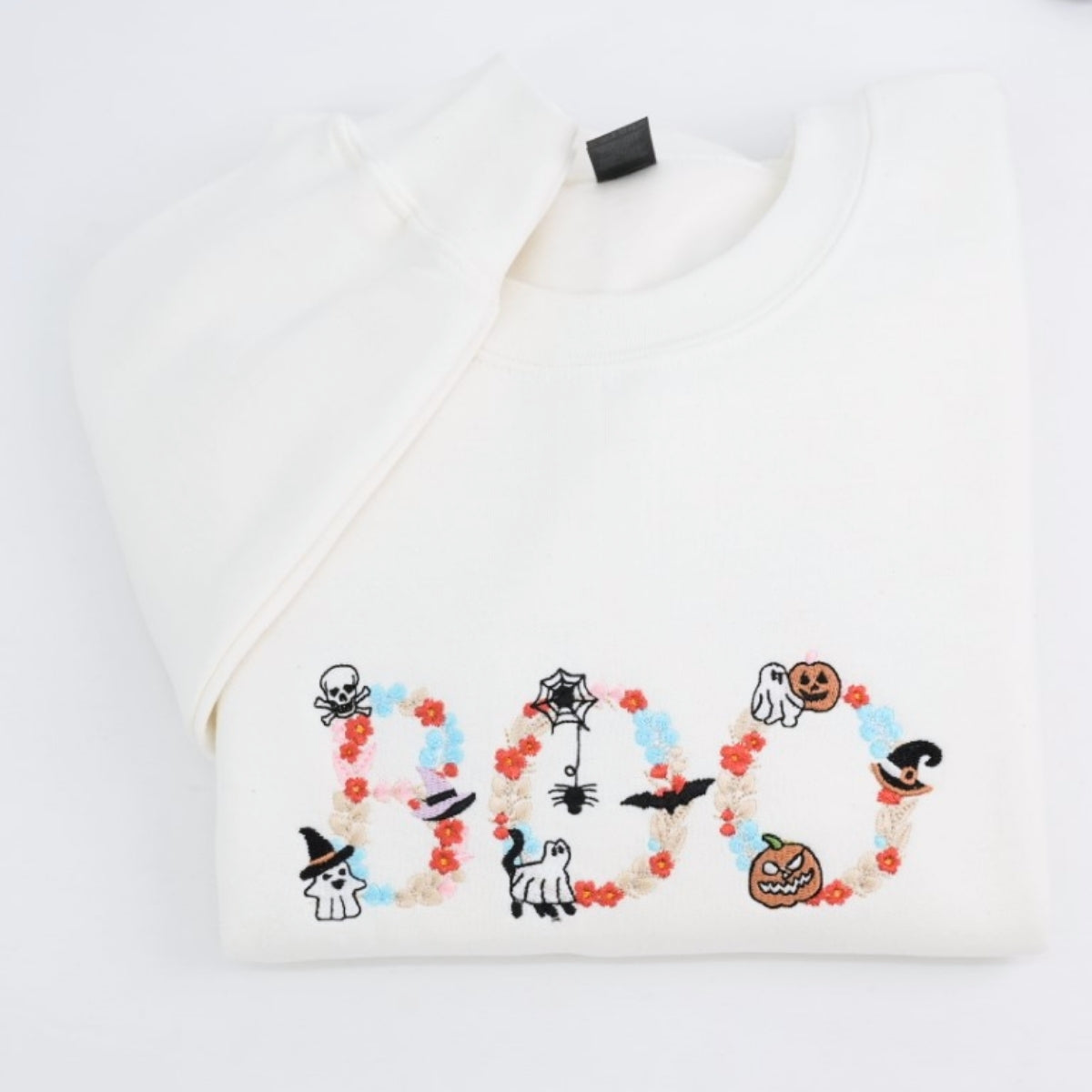 Halloween BOO Custom Sweatshirts - Floral Letter Embroidered Design - Elegant Halloween Apparel