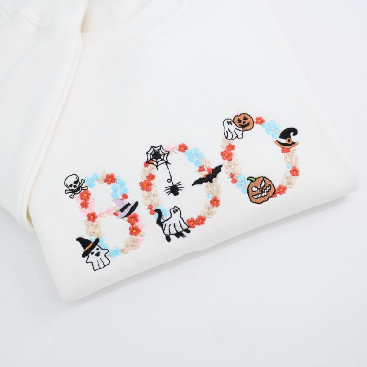 Halloween BOO Custom Sweatshirts - Floral Letter Embroidered Design - Elegant Halloween Apparel