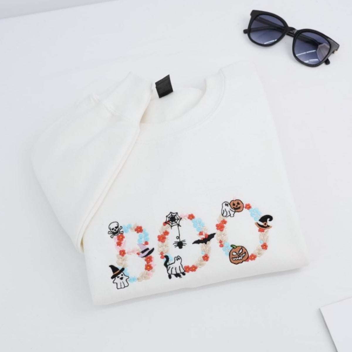 Halloween BOO Custom Sweatshirts - Floral Letter Embroidered Design - Elegant Halloween Apparel