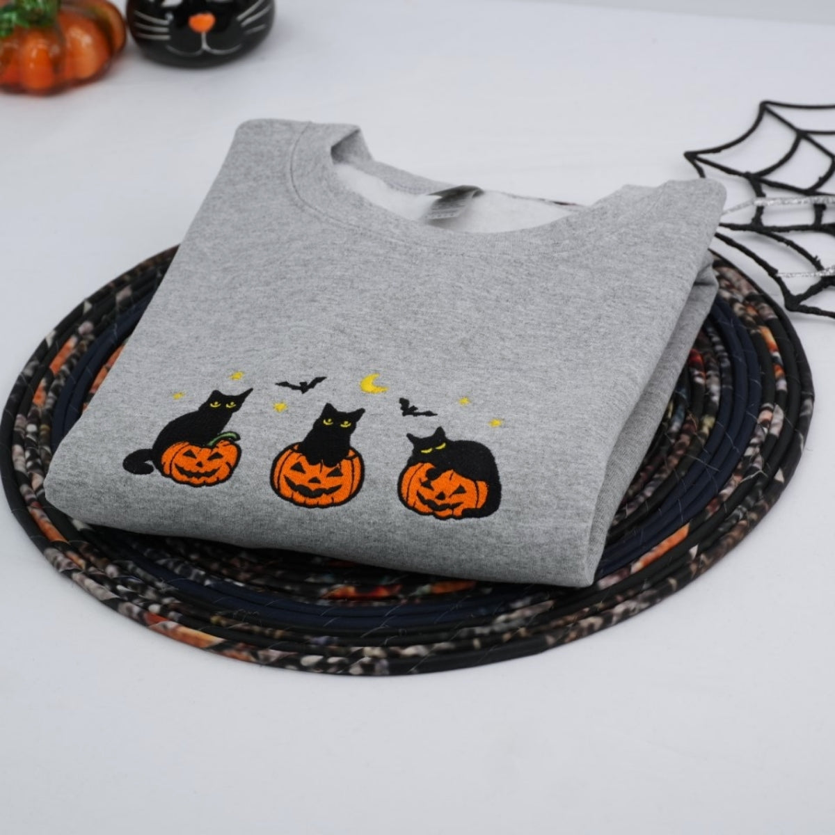 Halloween Cat Lover Hoodies - Black Cat Pumpkin Embroidered Sweatshirts - Perfect Pet Parent Gift
