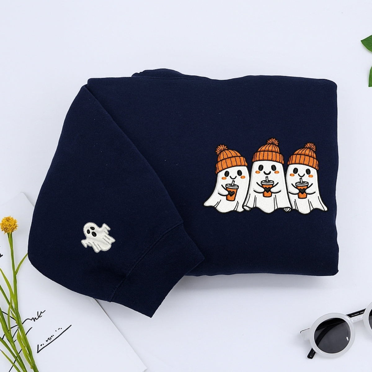 Halloween Coffee Ghost Hoodies - Cute Spooky Ghosts Coffee Lovers Embroidered Sweatshirts - Perfect Halloween Gift