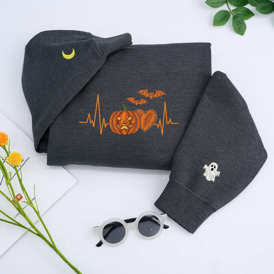 Halloween Heartbeat Medical Hoodies - Nurse Doctor Pumpkin EKG Embroidered Sweatshirts - Perfect Healthcare Halloween Gift