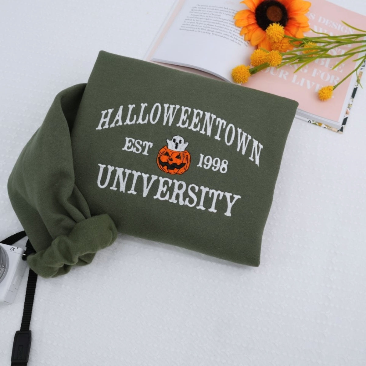 Halloween University Sweatshirt - Embroidered Pumpkin Ghost College Style Hoodie - Spooky Campus Apparel