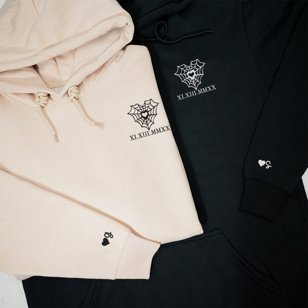 Heart Web Custom Roman Numeral Matching Embroidered Hoodies For Couples