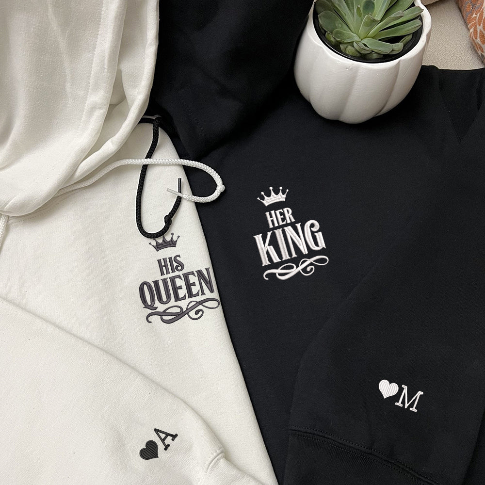 Her King x His Queen Custom Embroidered Matching Hoodies For Couples