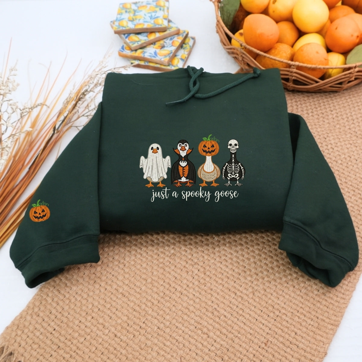 Just A Spooky Goose Custom Sweatshirts - Halloween Geese Embroidered Apparel - Perfect Cute Halloween Gift