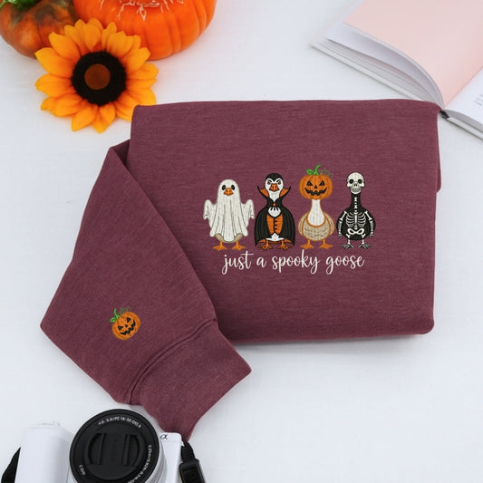 Just A Spooky Goose Custom Sweatshirts - Halloween Geese Embroidered Apparel - Perfect Cute Halloween Gift