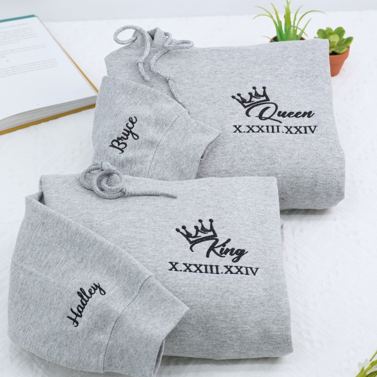 King x Queen Crown Custom Roman Numeral Matching Embroidered Hoodies For Couples