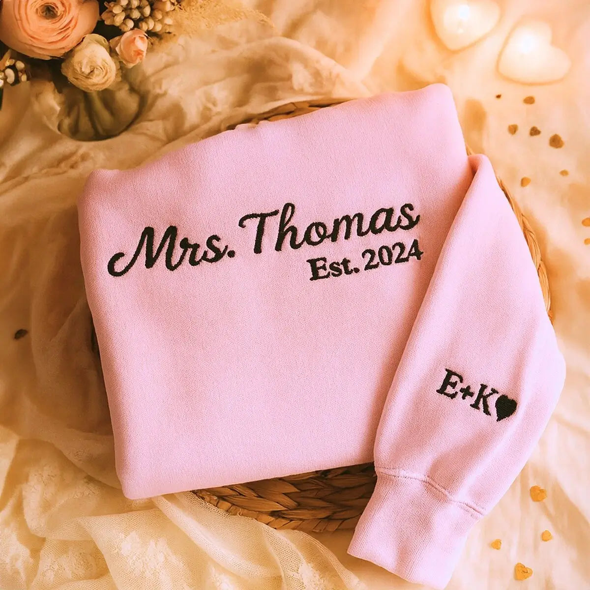 Personalized Bridal Shower Gifts for Her with Embroidered Ms Mrs Sweatshirt, EST Date, Any Text Icon on Sleeve