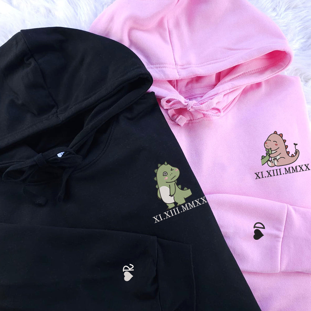 Lovely Couple Dinosaur Custom Roman Numeral Matching Embroidered Hoodies For Couples
