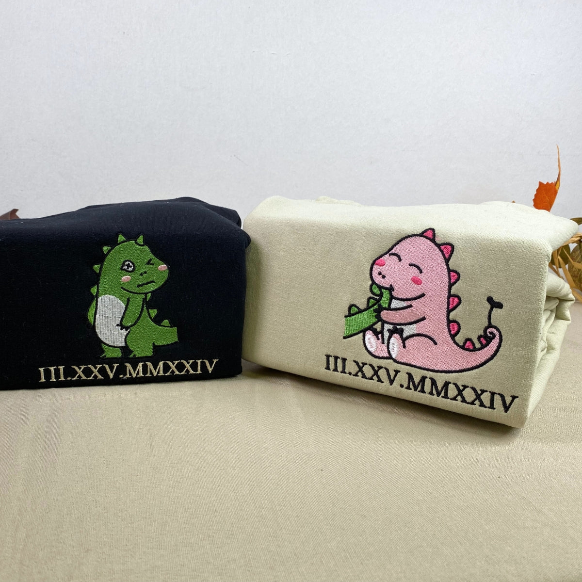 Lovely Couple Dinosaur Custom Roman Numeral Matching Embroidered Hoodies For Couples