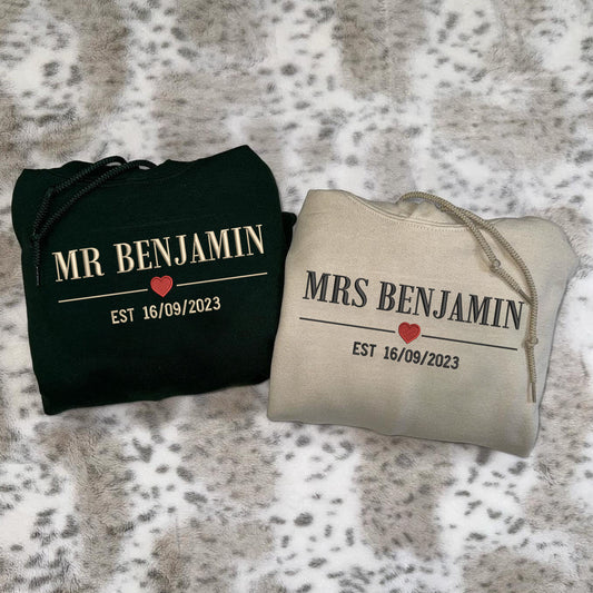 Embroidered Mr & Mrs with Est Year Hoodie or Sweatshirt