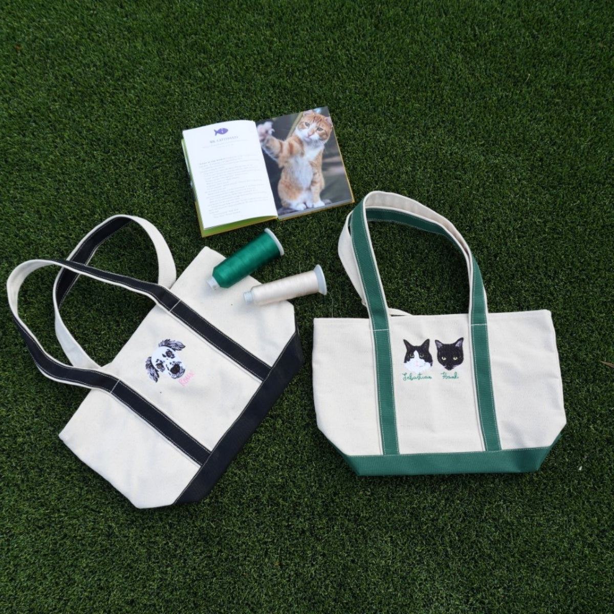 Mixed Pet Portrait Tote Bags - Dog Cat Face Embroidered Canvas Bag - Multi Pet Parent Gift