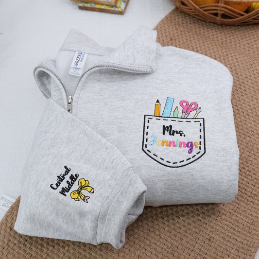 Mrs Teacher Custom Zip Up Hoodies - Female Educator Embroidered Sweatshirts - Perfect Teacher Gift