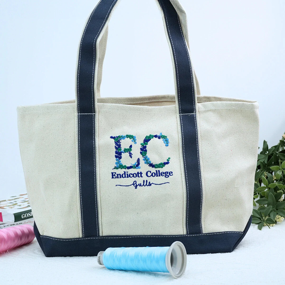 Personalized University Tote Bag with Custom Embroidered Floral Text- Unique College Gift Idea