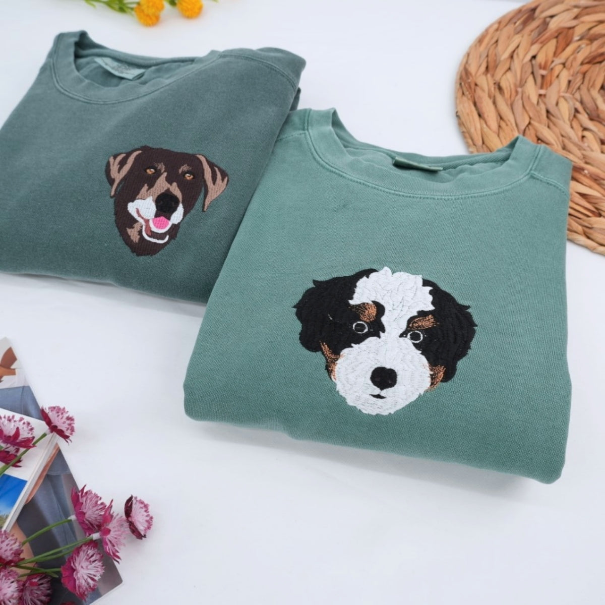 Personalized Dog Portrait Sweatshirts - Custom Dog Face Embroidered Hoodies - Dog Name Gift for Dog Mom Dad - Premium Pet Memorial Apparel
