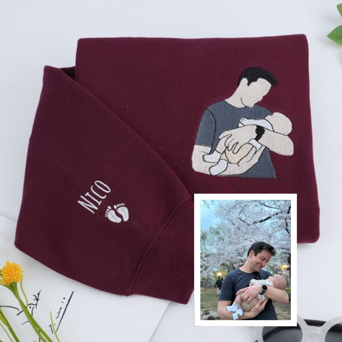 Personalized New Dad Baby Hoodies - Custom Father Embroidered Sweatshirts With Baby Name Footprints - Father's Day Gift