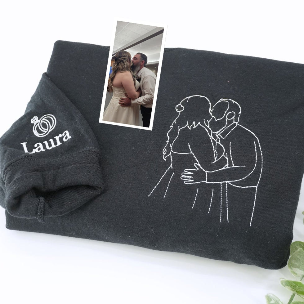 Personalized Picture Outline Embroidered Hoodie Sweatshirt, Portrait Photo Couple Outline Sweatshirt, Custom Line Art Photo Hoodie