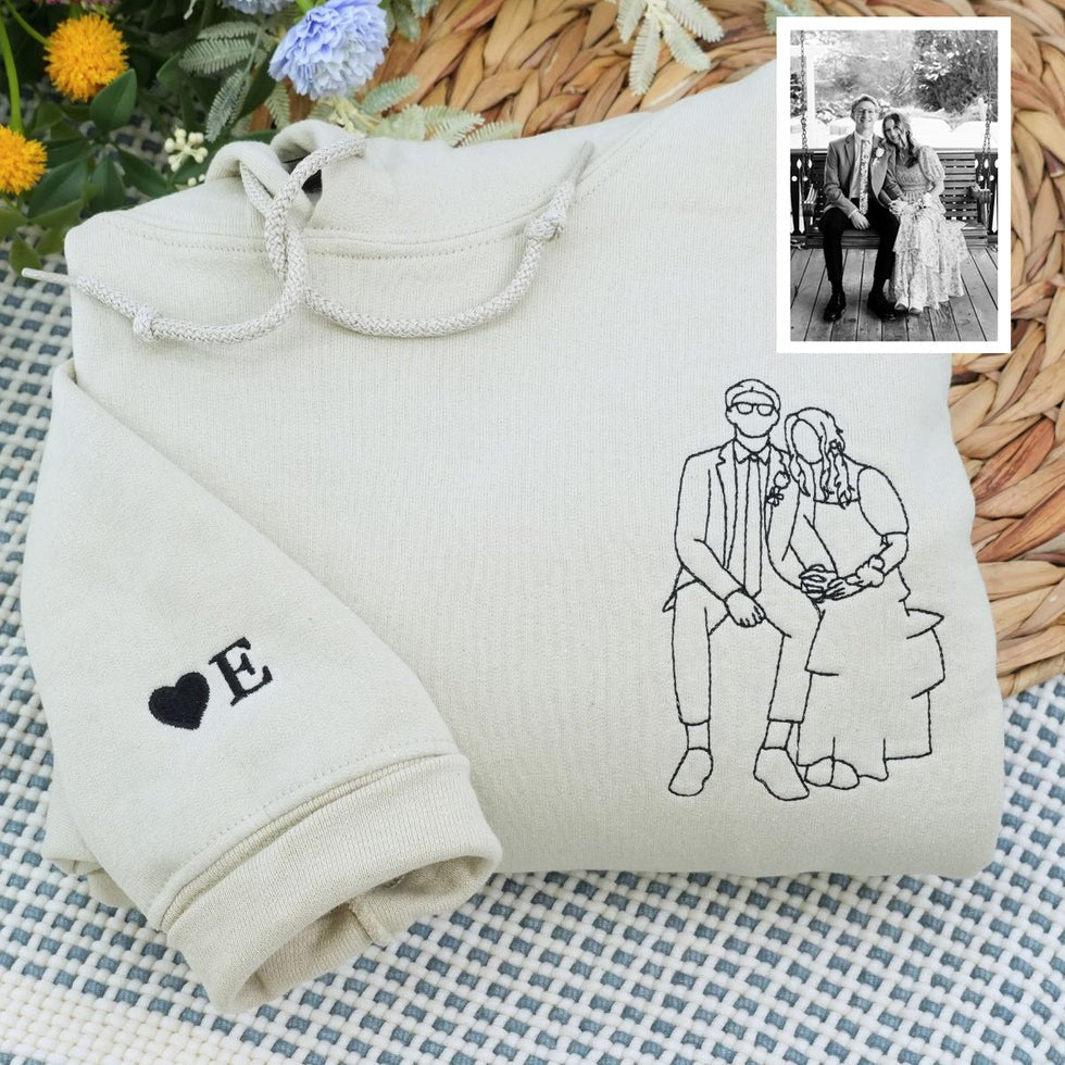 Personalized Picture Outline Embroidered Hoodie Sweatshirt, Portrait Photo Couple Outline Sweatshirt, Custom Line Art Photo Hoodie