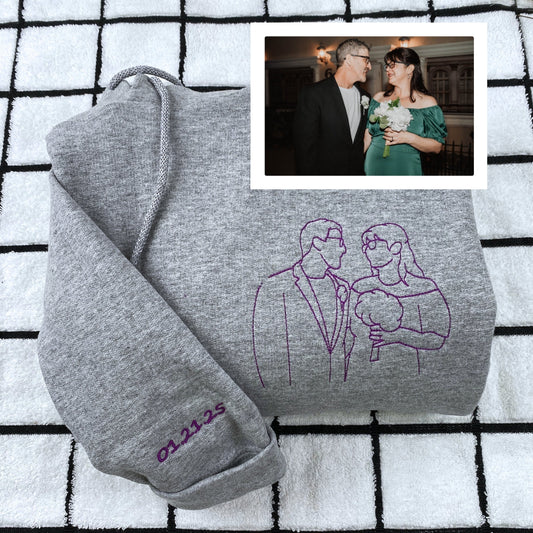 Personalized Picture Outline Embroidered Hoodie Sweatshirt, Portrait Photo Couple Outline Sweatshirt, Custom Line Art Photo Hoodie
