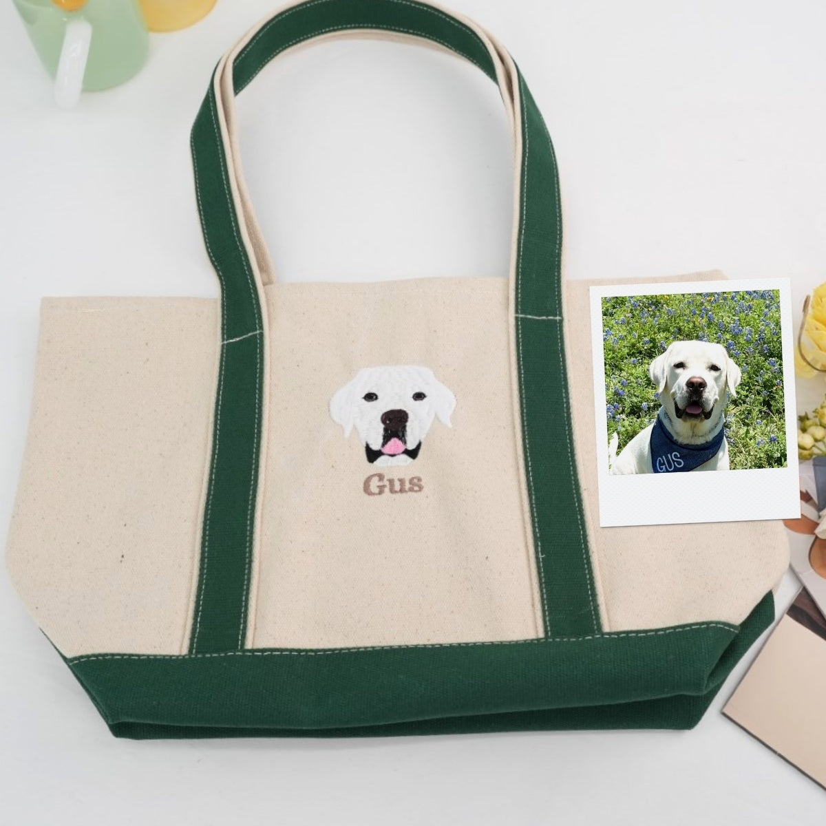 Pet Portrait Custom Tote Bags - Dog Face Embroidered Canvas Bag - Personalized Pet Memorial Gift
