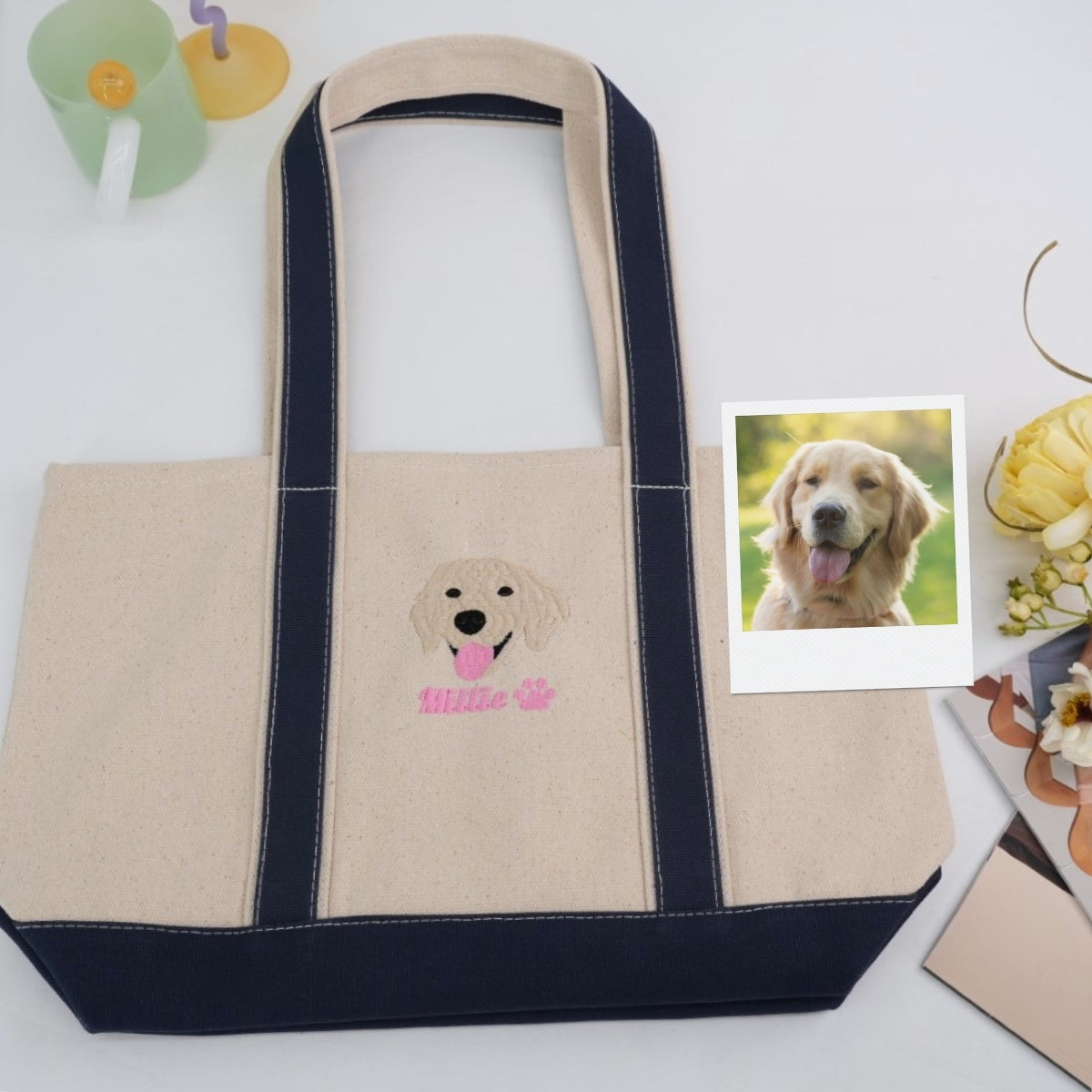 Pet Portrait Custom Tote Bags - Dog Face Embroidered Canvas Bag - Personalized Pet Memorial Gift
