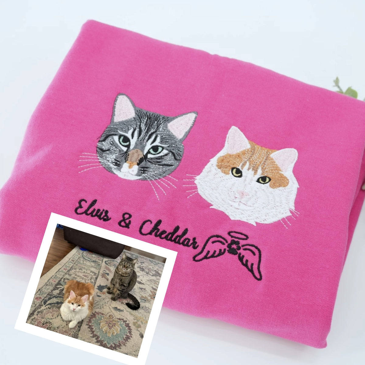 Pet Memorial Custom Hoodies - Cat Angel Wings Embroidered Sweatshirts - Rainbow Bridge Tribute Gift