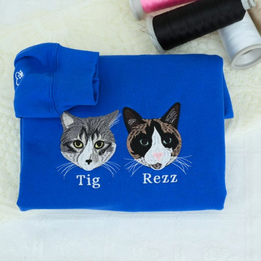 Pet Portrait Custom Hoodies - Cat Face Embroidered Sweatshirts with Names - Premium Cat Lover Gift