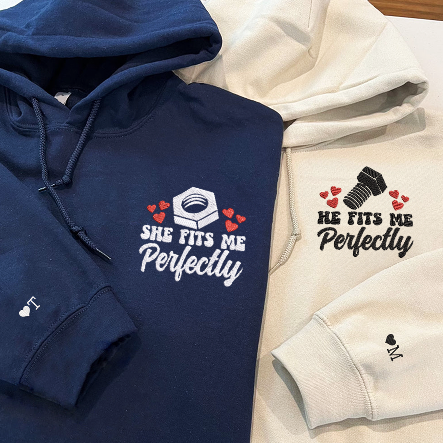 Personalized He Fits Me Perfectly Matching Embroidered Hoodies for Couple