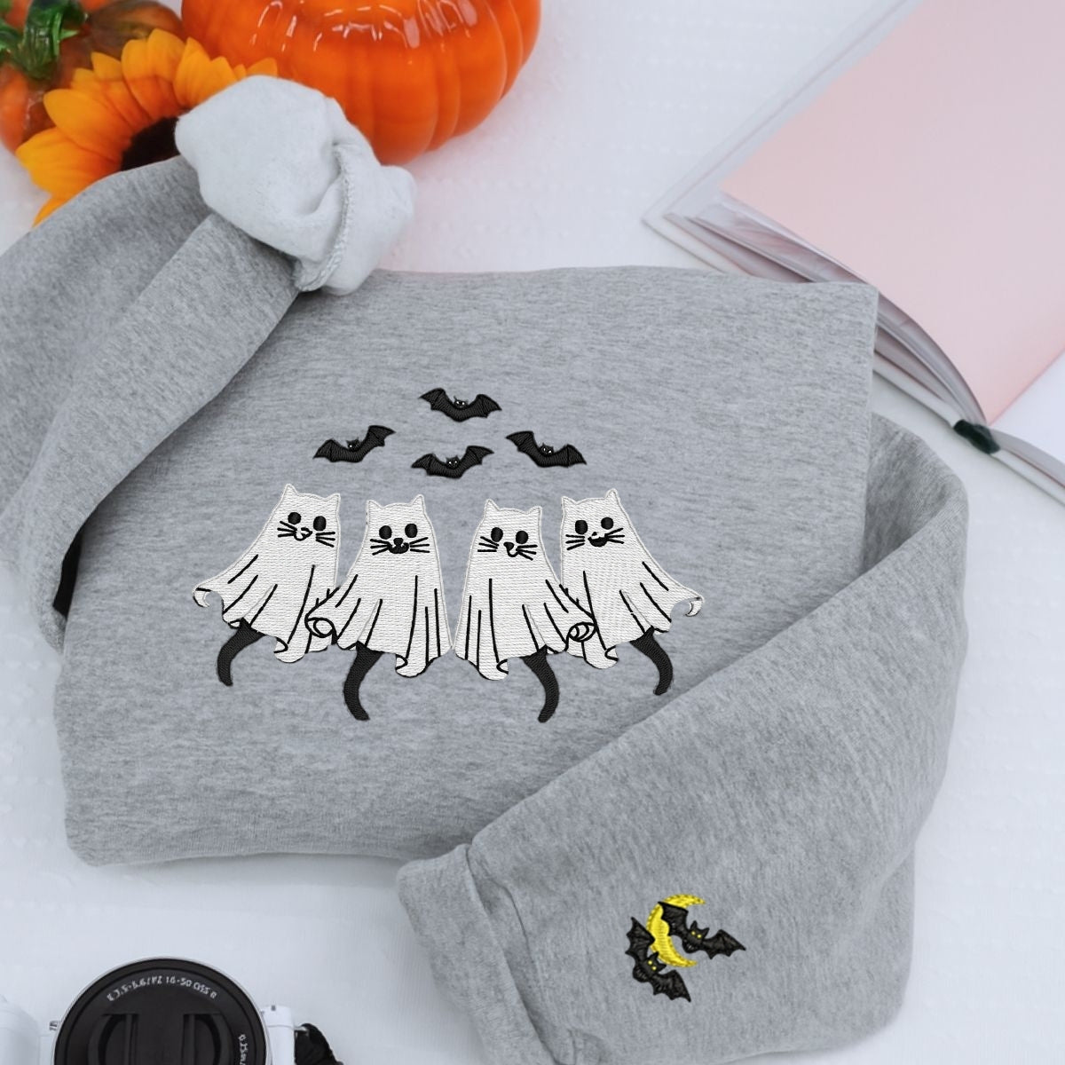 Spooky Cat Halloween Hoodie - Cat Ghost Embroidered Sweatshirt - Cat Parent Halloween Apparel