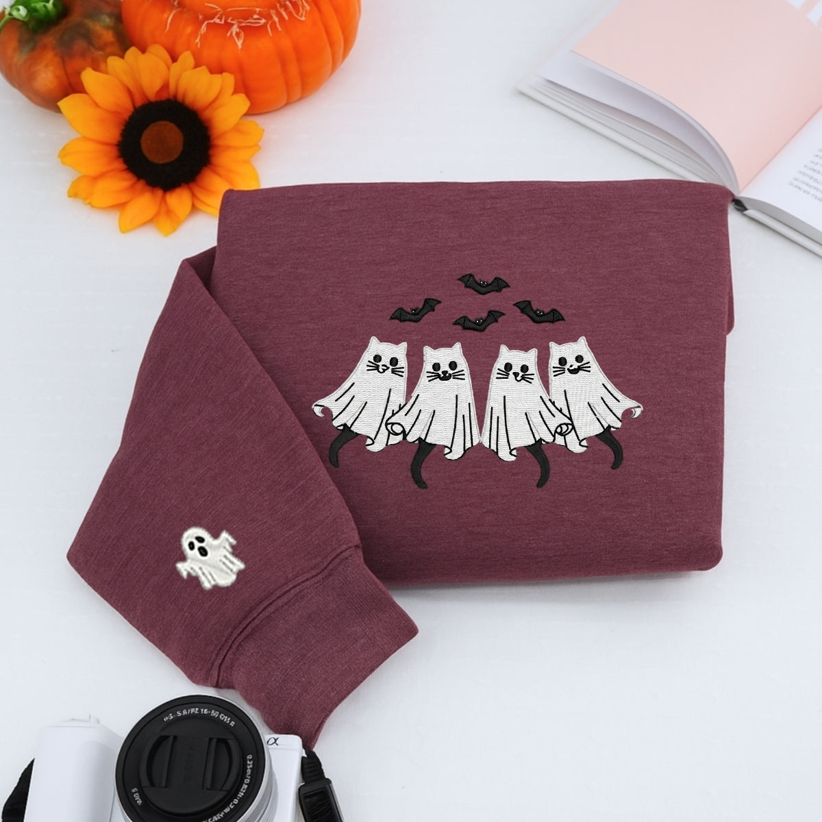Spooky Cat Halloween Hoodie - Cat Ghost Embroidered Sweatshirt - Cat Parent Halloween Apparel