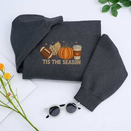 Tis The Season Fall Hoodies - Football Pumpkin Spice Embroidered Sweatshirts - Perfect Autumn Gift