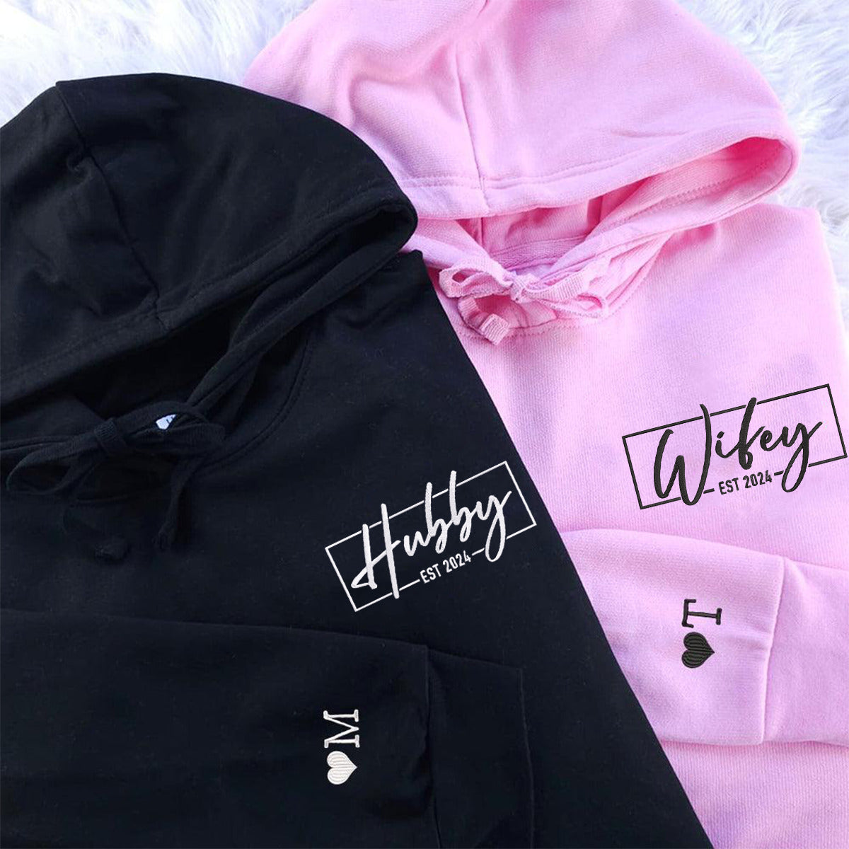 Custom Couple Matching Hubby and Wifey Embroidered Hoodie